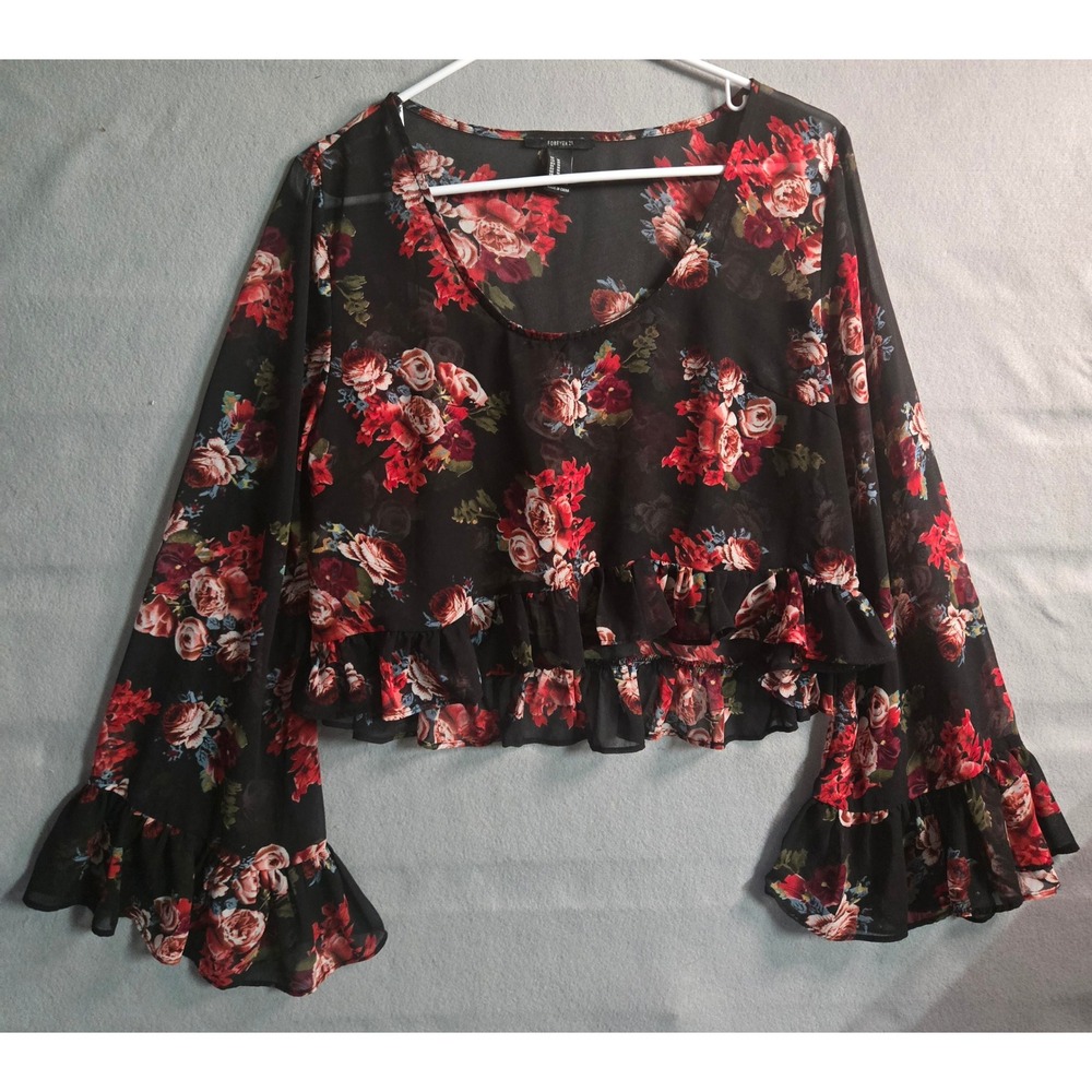 Whimsy Goth Dark Floral Bell Sleeve Top Romantic Goth Witchy Fairy Women's Sz M